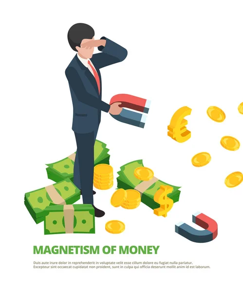 Pieniądze Magnes Biznes Połączenie Finansowe Dolar Magnetyzm Wektor Izometryczny Pojęcie — Wektor stockowy