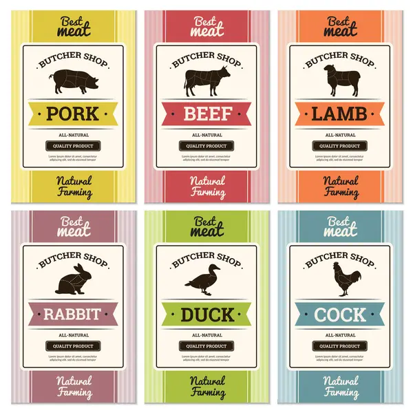Köttmärken Butcher Shop Logotyp Och Färskt Kött Klistermärken Eller Banderoller — Stock vektor