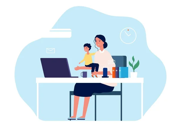 Mutter Arbeitet Junge Frau Mit Baby Sitzt Schreibtisch Und Computer — Stockvektor