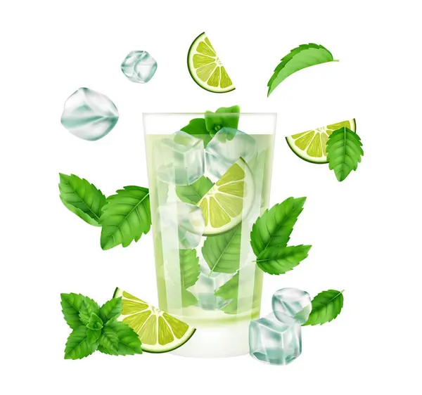 Cocktail Mojito Bebida Verão Com Gelo Limão Hortelã Coquetéis Frios — Vetor de Stock