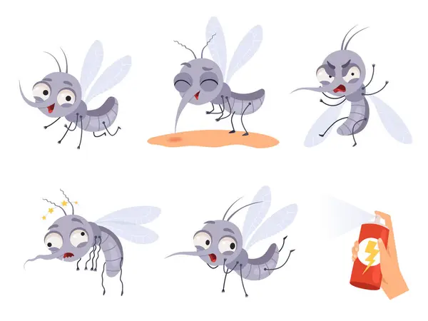 Комариный Мультик Предупреждение Летающих Насекомых Опасные Маленькие Животные Векторные Иллюстрации — стоковый вектор