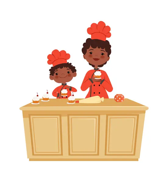 Mutter Und Sohn Kochen Kuchenzeit Backwerkstatt Isolierte Afroamerikanische Kind Und — Stockvektor