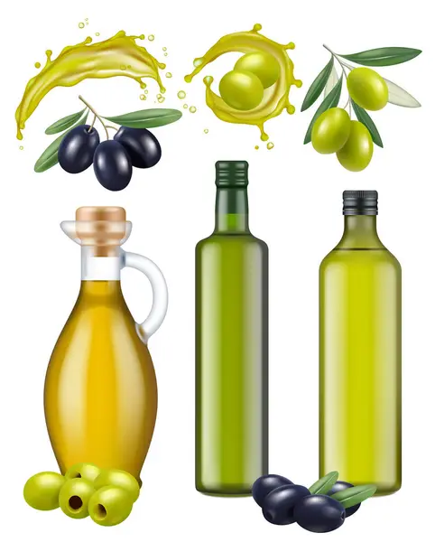 オリーブボトル 食品緑と黒ギリシャのオリーブベクトル現実的なテンプレートを調理するためのオイルガラスパッケージ健康的な天然製品 オリーブガラス瓶 料理イラストのための健康油 — ストックベクタ