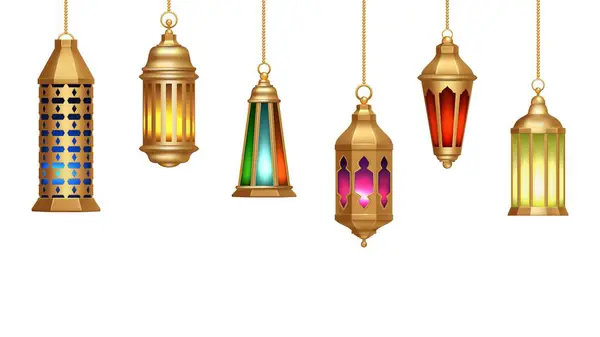 Lámparas Orientales Las Linternas Árabes Cuelgan Cadenas Oro Iluminación Decorativa — Vector de stock