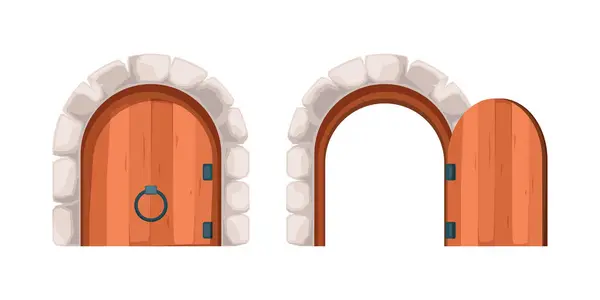 Offene Verschlossene Türen Antike Stahl Und Holztore Außen Antike Vektor — Stockvektor