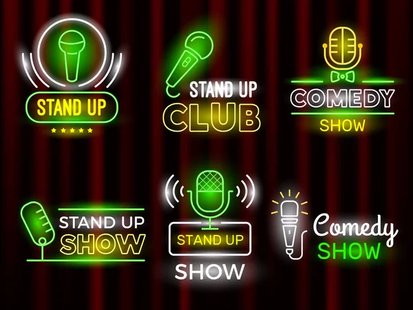 Komedie Standup Otevřít Mikrofon Komediální Symboly Vektorový Neon Logotyp Set — Stockový vektor