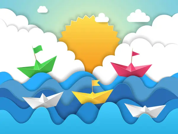 Kağıt Tekne Origami Dalgaları Kağıt Kesiminden Gölgeler Gemi Vektörleri Soyut — Stok Vektör