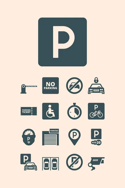 Símbolos Estacionamento Dinheiro Pago Garagem Auto Parque Carros Bicicletas Ônibus — Vetor de Stock