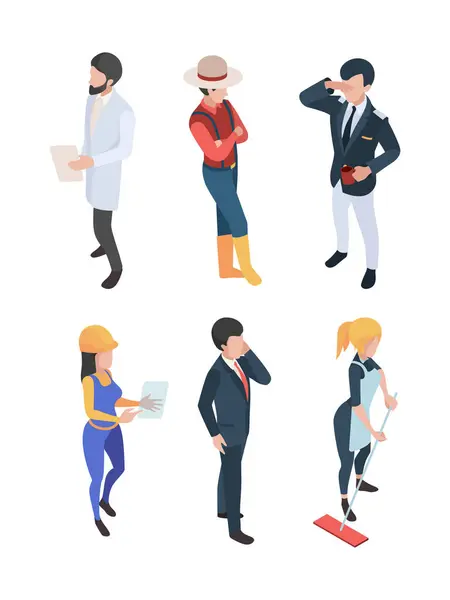 People isometric. Professions job persons different workers engineer businessman doctor chef farmer vector characters. Job character profession, people isometric professional illustration