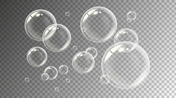 Realistische Seifenblasen Fliegende Transparente Wassertropfen Illustration Des Vektors Flüssiger Kugeln — Stockvektor
