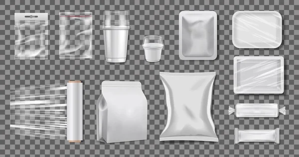 Emballage Plastique Polyéthylène Boîtes Tasses Réalistes Cellophane Modélisation Vectorielle Pack — Image vectorielle