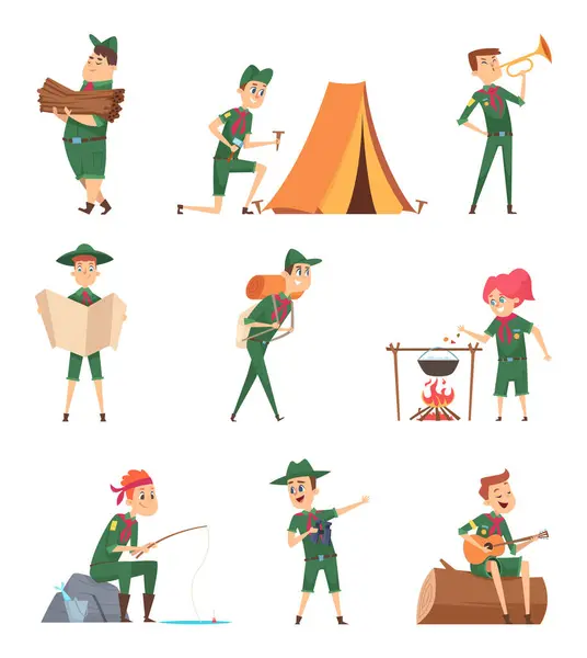 Rangers Enfants Petits Éclaireurs Caractères Survie Uniformes Verts Avec Sac — Image vectorielle