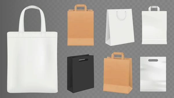 Papiertüten Realistische Bastel Einkaufstasche Weiße Und Schwarze Packungen Vektor Illustration — Stockvektor