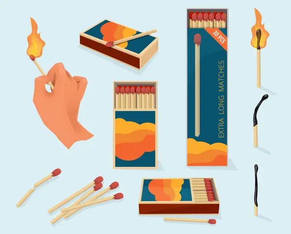 Burning Matches Safety Packages Matchstick Wooden Stick Flame Symbols Vector — Stock Vector