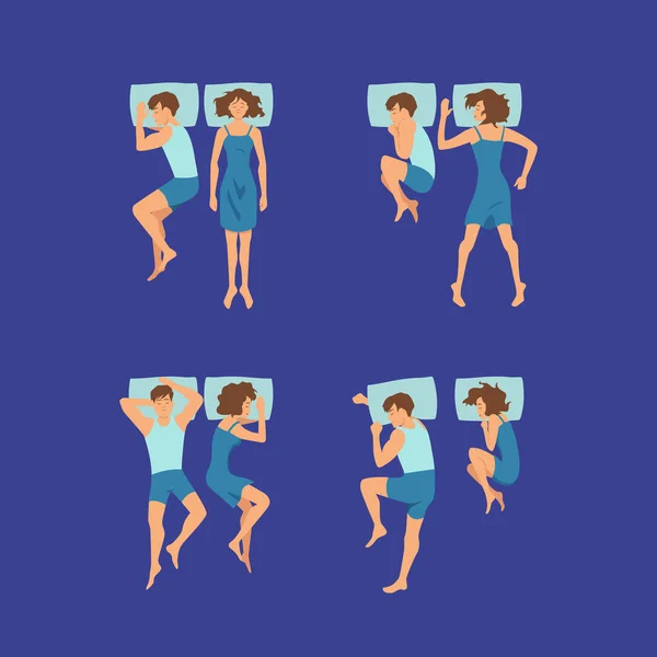Ensemble Vectoriel Couple Homme Femme Doux Dormir Sur Des Oreillers — Image vectorielle