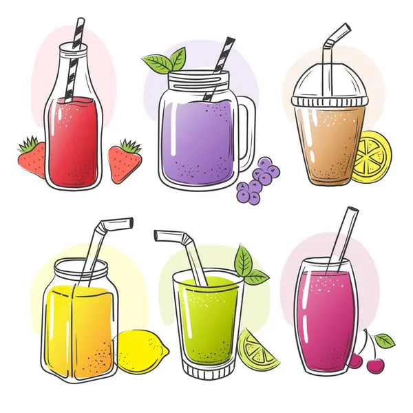 Smoothie Hand Drawn Summer Cold Fruits Drinks Healthy Liquid Shake — Stock Vector