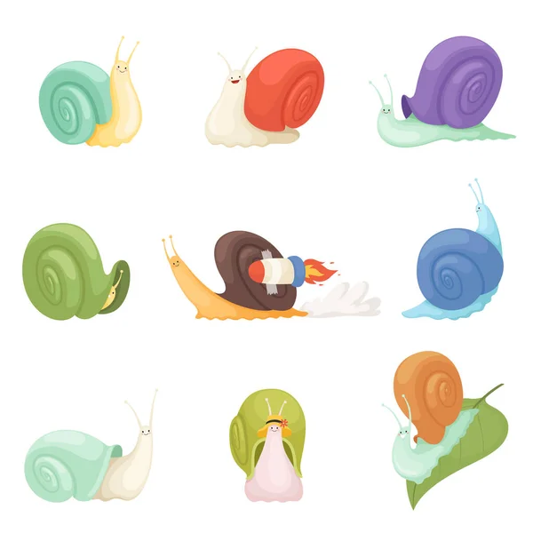 蜗牛卡通片角色是有趣的昆虫 动物是缓慢的矢量符号 说明可笑的脚类 粘稠的动物昆虫 蜗牛快 — 图库矢量图片