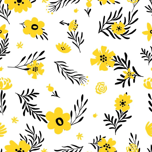 Gelbe Blütenmuster Doodle Frühling Hintergrund Mit Floralen Elementen Sommerliche Stoffvektor — Stockvektor