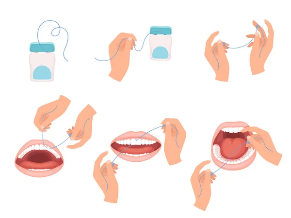 Zahnseide Schritte Wie Man Hygieneseide Für Zähne Medizinische Zahnarzt Vektor — Stockvektor