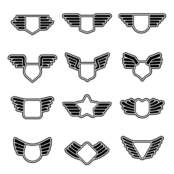 Значки Крылья Стилизованные Геометрические Армейские Щиты Пустыми Авиационными Эмблемами Символами — стоковый вектор