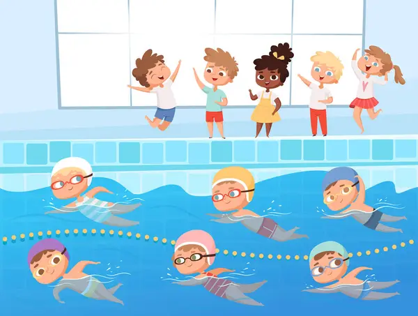 水泳大会 子供のウォータースポーツプールベクトル漫画の背景に水泳レース イラストは競泳とレクリエーション 競泳のイラストを泳ぐ — ストックベクタ