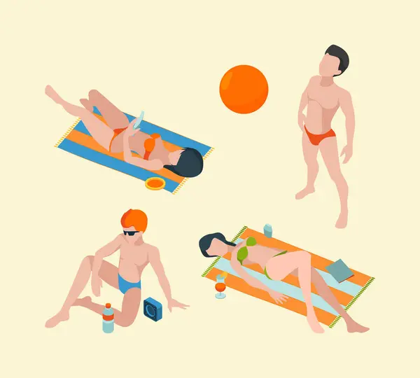 Sommermenschen Isometrisch Männliche Und Weibliche Urlaubsfiguren Sommerkleidung Vektorisieren Die Personensammlung — Stockvektor