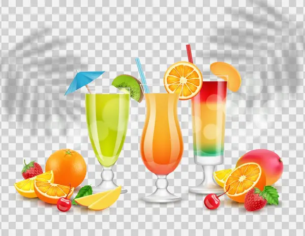 Dulces Jugos Cócteles Verano Frutas Bayas Ilustración Aislada Vectores Bebidas — Vector de stock