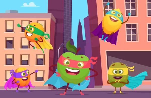 Şehirdeki Süper Kahramanlar Meyve Karakterleriyle Dolu Şehir Manzarası Sağlıklı Gıda — Stok Vektör