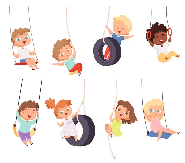 Swing Sürüşleri Halat Eğlencesi Üzerine Jimnastik Yapan Çocuklar Mutlu Çocuk — Stok Vektör