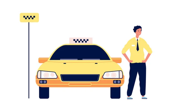 Serviço Táxi Motorista Fica Perto Carro Amarelo Isolado Homem Feliz — Vetor de Stock