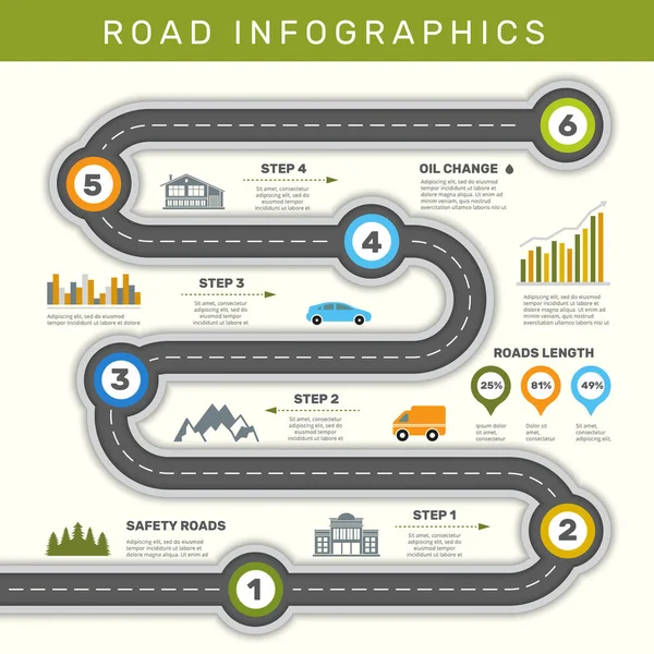 道路信息图 带有点映射业务工作流图形向量模板的时间表 说明性信息演示公路步长时间表 — 图库矢量图片