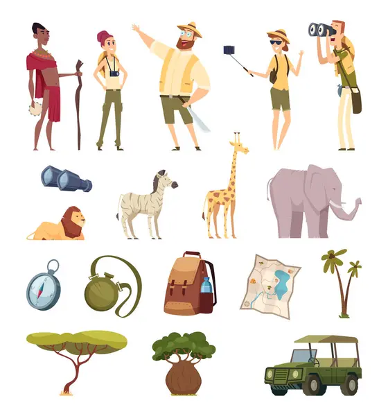 Reisesafari Afrikanische Tierwelt Abenteuer Elemente Dschungel Tiere Autos Kompass Tasche — Stockvektor