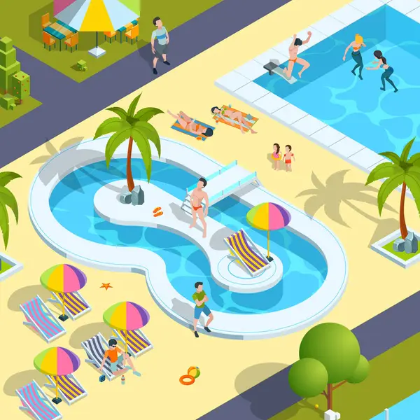 Pool Relax People Traveller Resort Hotel Swimming Enjoying Kids Playing — Stock Vector