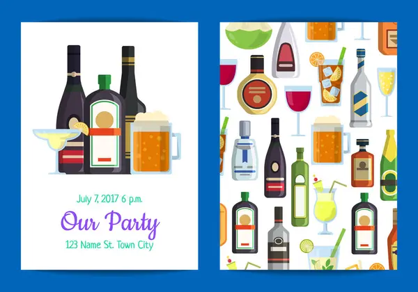 Vector Vertical Invitation Template Adult Party Alcoholic Drinks Glasses Bottles — Stock Vector