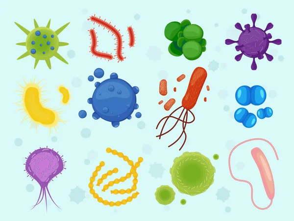바이러스와 미생물들 박테리아 현미경은 만화식으로 알레르겐 집합체를 유기체 코로나 바이러스 — 스톡 벡터