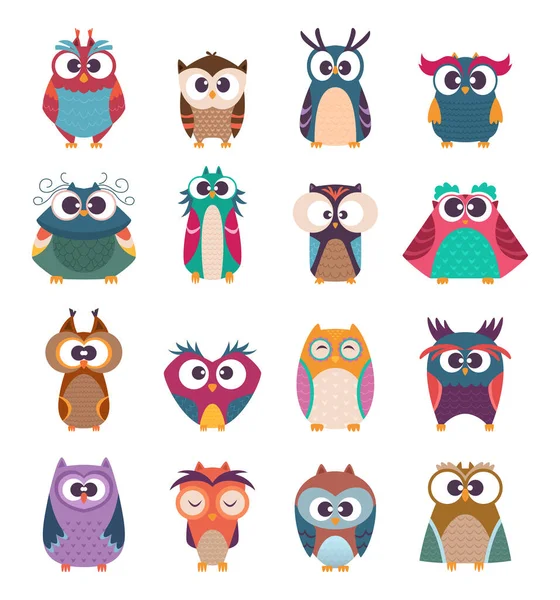 Owl Kids Cute Baby Birds Various Poses Vector Colored Funny — Stock Vector
