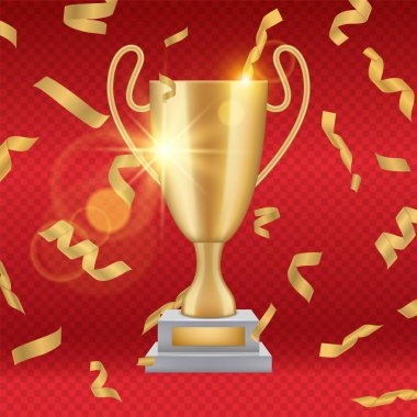 Realistic gold trophy. Falling golden confetti, vector award winner cup illustration. Championship celebration, champion cup gold clipart