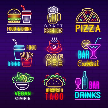 Gıda neon ikonu. Bira hafif reklam amblemi pizza ürünleri vektörü seti. Meksika tacosu, kokteyl barı ve vegan kafe illüstrasyonu.