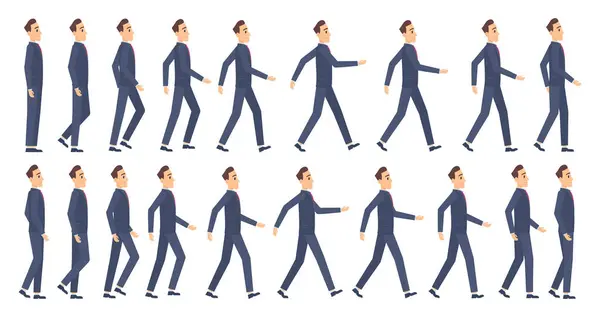 步行动画 商业人物2D动画键帧游戏动画精灵矢量吉祥物 图片说明男工走路 男工性格 — 图库矢量图片