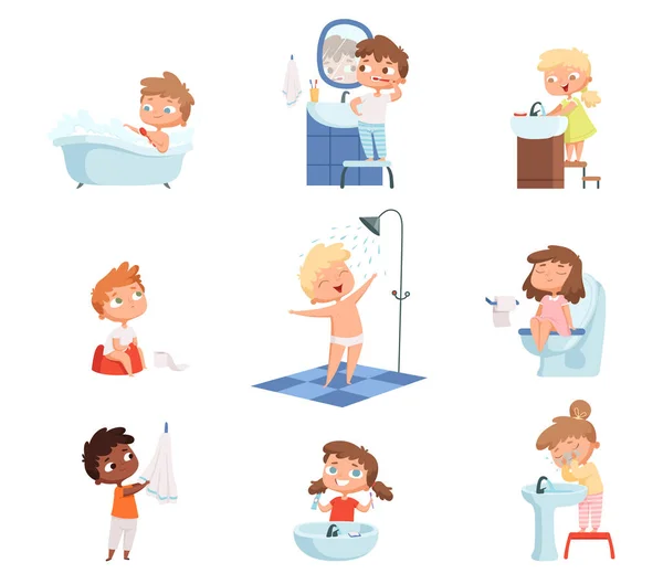 洗孩子 刷牙马桶卫生肥皂 为儿童每日例行病媒集 图解上午洗澡儿童 每日卫生 — 图库矢量图片