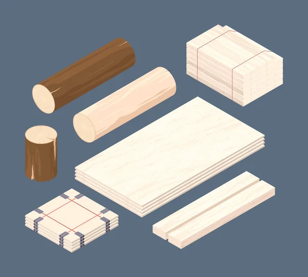 Holz Isometrisch Eine Reihe Gestapelter Äste Stapelt Holzfällerbilder Holzbearbeitung Isometrisches — Stockvektor