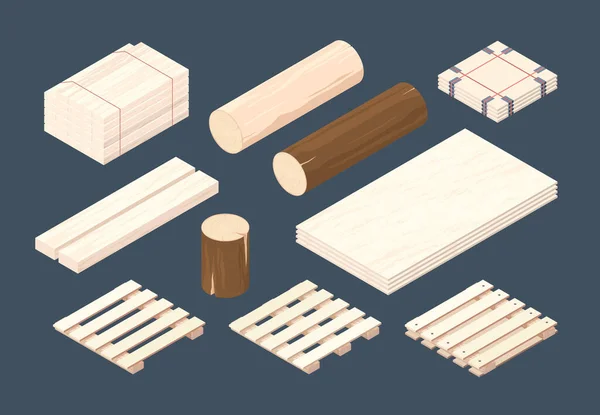 Dřevěná Paleta Izometrické Nákladní Kontejnery Balíky Dřeva Vektorové Dřevěné Sady — Stockový vektor