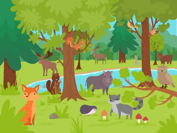 Erdei Háttérrel Rendelkező Állatok Vad Aranyos Boldog Állatok Élnek Játszanak — Stock Vector