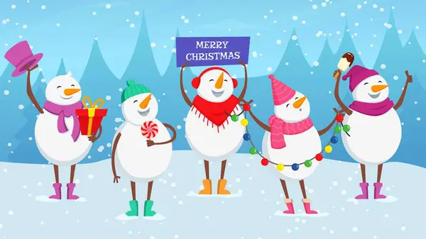 Χριστουγεννιάτικο Φόντο Χαριτωμένο Χιονάνθρωπο Κινουμένων Σχεδίων Χιονισμένες Μπάλες Του Νέου — Διανυσματικό Αρχείο