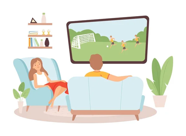 夫妻花时间在一起 女人们看电视 足球迷 家庭在客厅里 呆在家里的病媒图解 男人和女人舒服地看电视 — 图库矢量图片