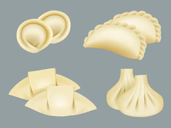 Des Boulettes Produits Pâte Wontons Boulettes Manti Cuisine Asiatique Traditionnelle — Image vectorielle