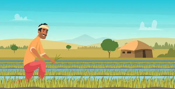 インドの農業労働 漫画スタイルのフィールドアジアベクトルの背景での農家の収穫 労働者のインドの農業図 — ストックベクタ