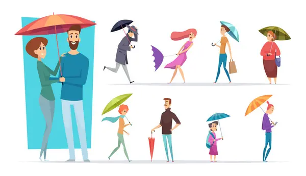 People Umbrella Raining Day Walking Adults Male Female Holding Umbrella — Stock Vector