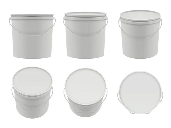 塑料容器 空的白色桶模拟向量包集合 装有油灰 白色装插图桶的集装箱 — 图库矢量图片