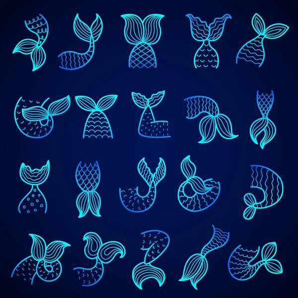 Хвосты Русалки Символы Океанской Воды Нарисовали Хвосты Векторного Набора Рыб — стоковый вектор